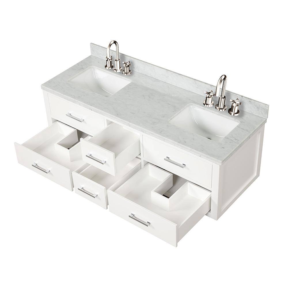 Lexora Sherman 60 in W x 22 in D White Double Bath Vanity, Carrara Marble Top, and Faucet Set