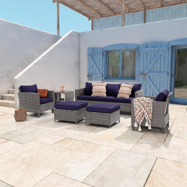 JOYESERY 6-Piece Gray Wicker Outdoor Conversation Seating Sofa Set with Side Table, Navy Blue Cushions