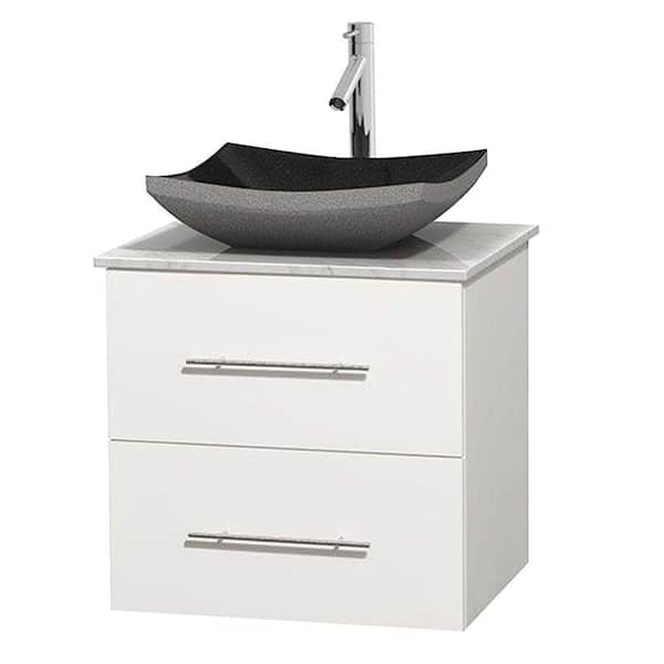 Wyndham Collection Centra 24 in. Vanity in White with Marble Vanity Top in Carrara White and Black Granite Sink