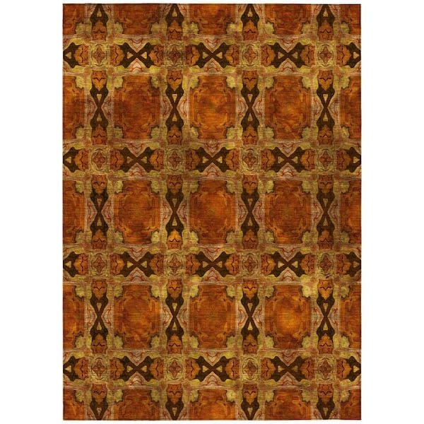 HomeRoots Orange and Rust 5 ft. x 8 ft. Woven Floral;Medallion Rectangle Indoor/Outdoor Area Rug