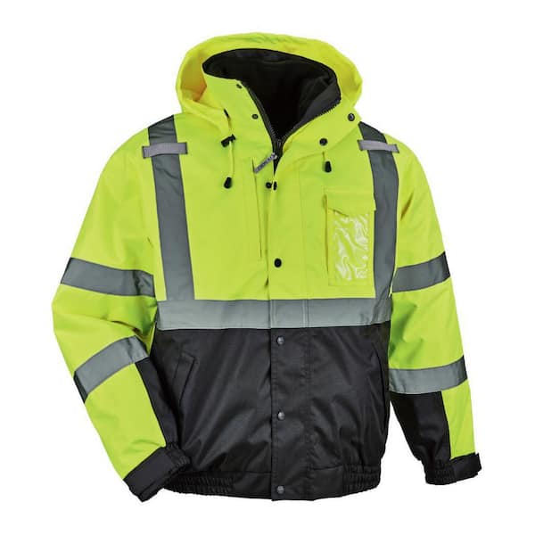 Ergodyne Men's 2X-Large Lime High Visibility Reflective Bomber Jacket with Zip-Out Black Fleece