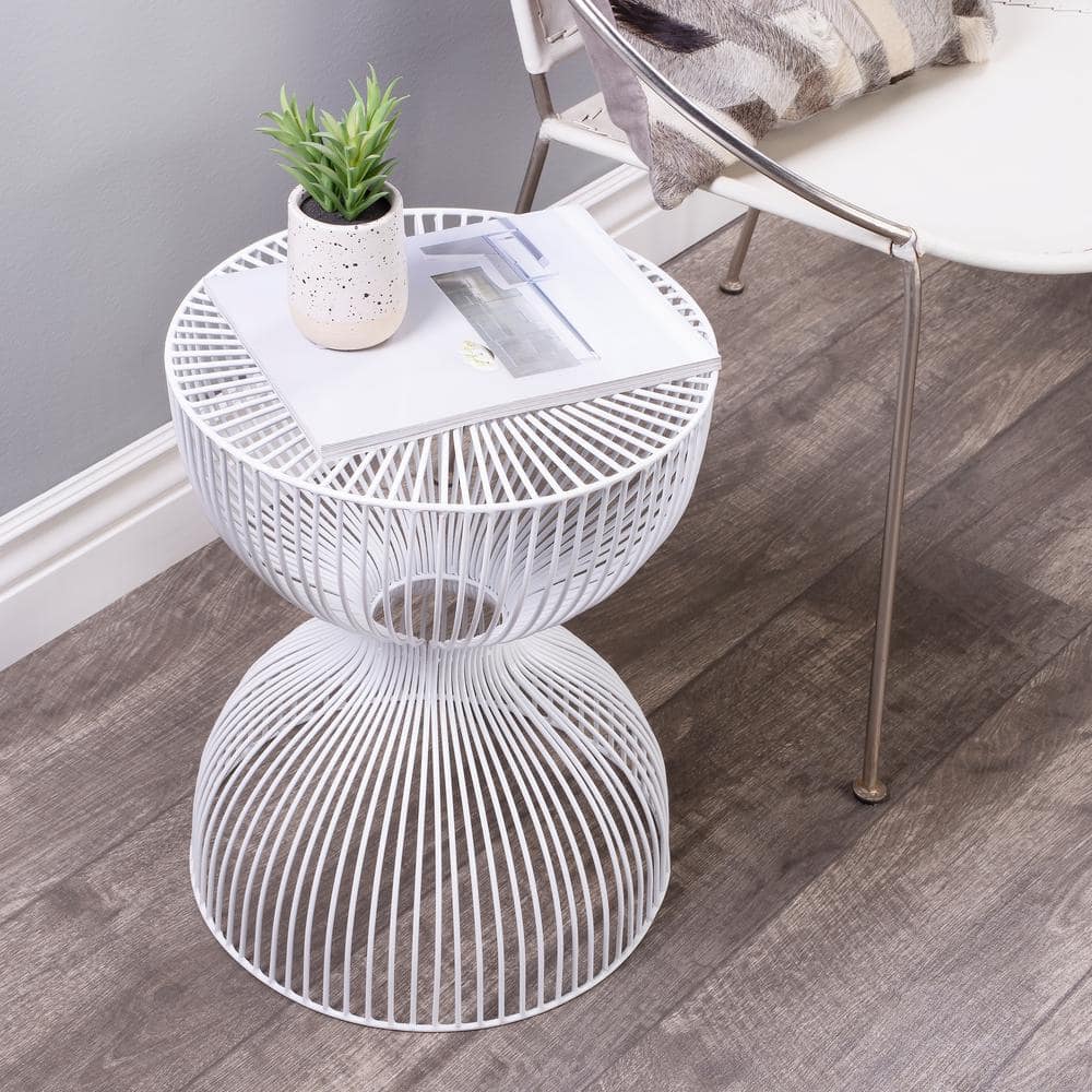 Nicholas Round White Metal and Glass Hourglass Side Table