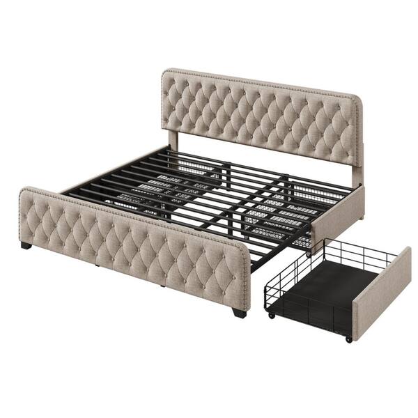 Harper & Bright Designs Beige Metal Frame King Size Button Tufted Nailhead Upholstered Platform Bed with 4 Large Drawers