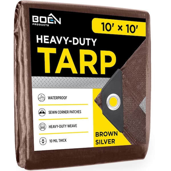 10 ft. x 10 ft. Heavy-Duty Commercial Brown/Silver Tarp Cover 10 Mil Thick Weave Material, Waterproof