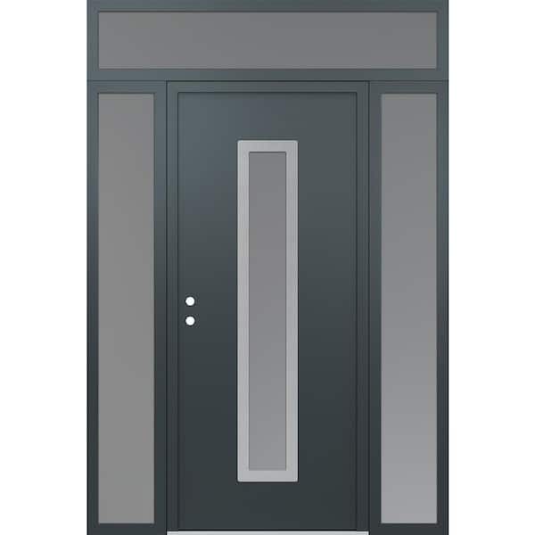 A11 68 in. x 96 in. Silver P Right-Hand/Inswing Frosted Glass Anth/Anth 2 Sidelite+Transom Steel Prehung Front Door