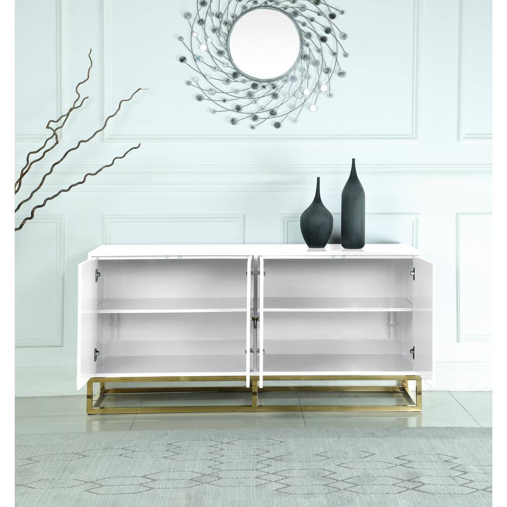 Luxurious White Lacquer Sideboard with Gold Plated Accents and Spacious Storage