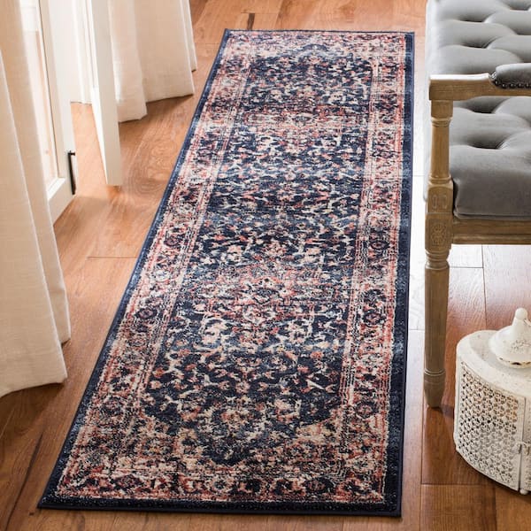 Charleston 2 ft. x 6 ft. Navy/Red Distressed Border Runner Rug