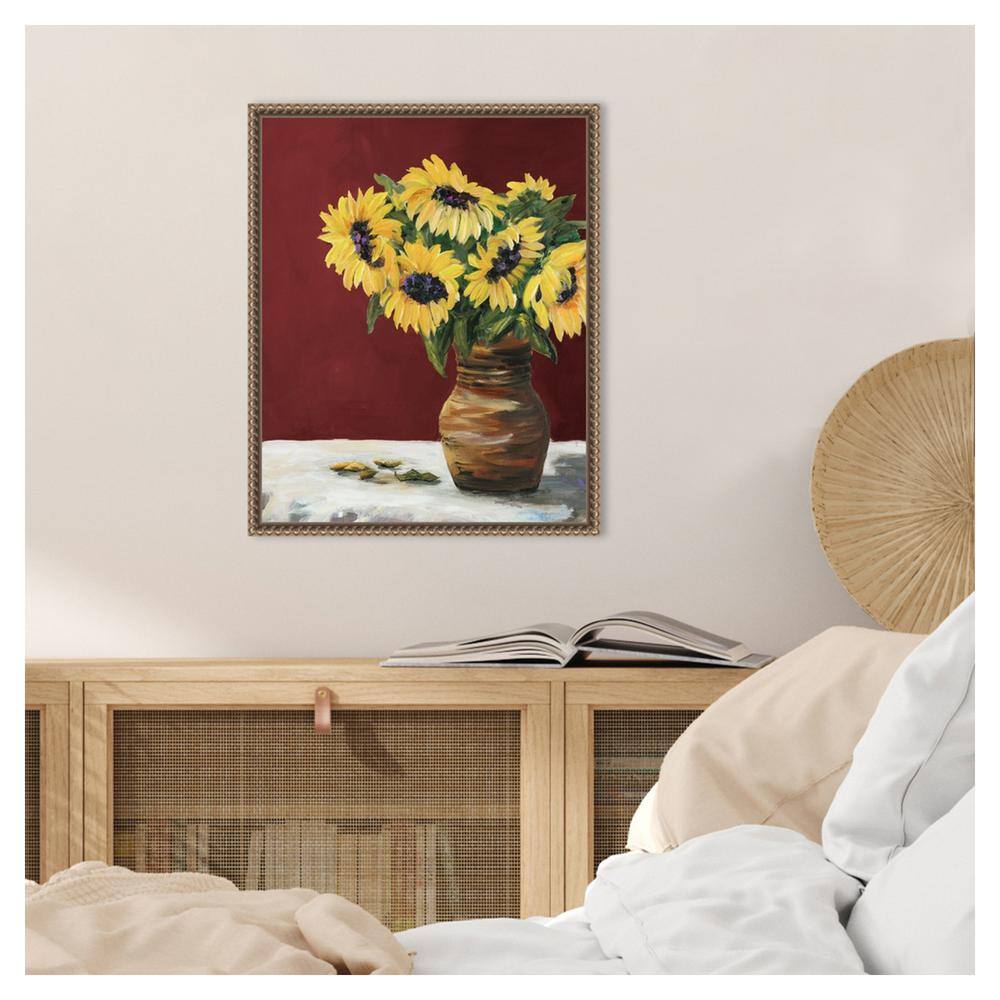 Sunflowers in Maroon Beaded Framed Canvas Wall Art