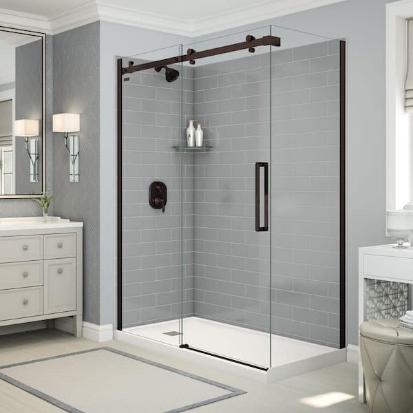 MAAX Utile Metro 32 in. x 60 in. x 83.5 in. Left Drain Corner Shower Kit in Ash Grey with Dark Bronze Shower Door