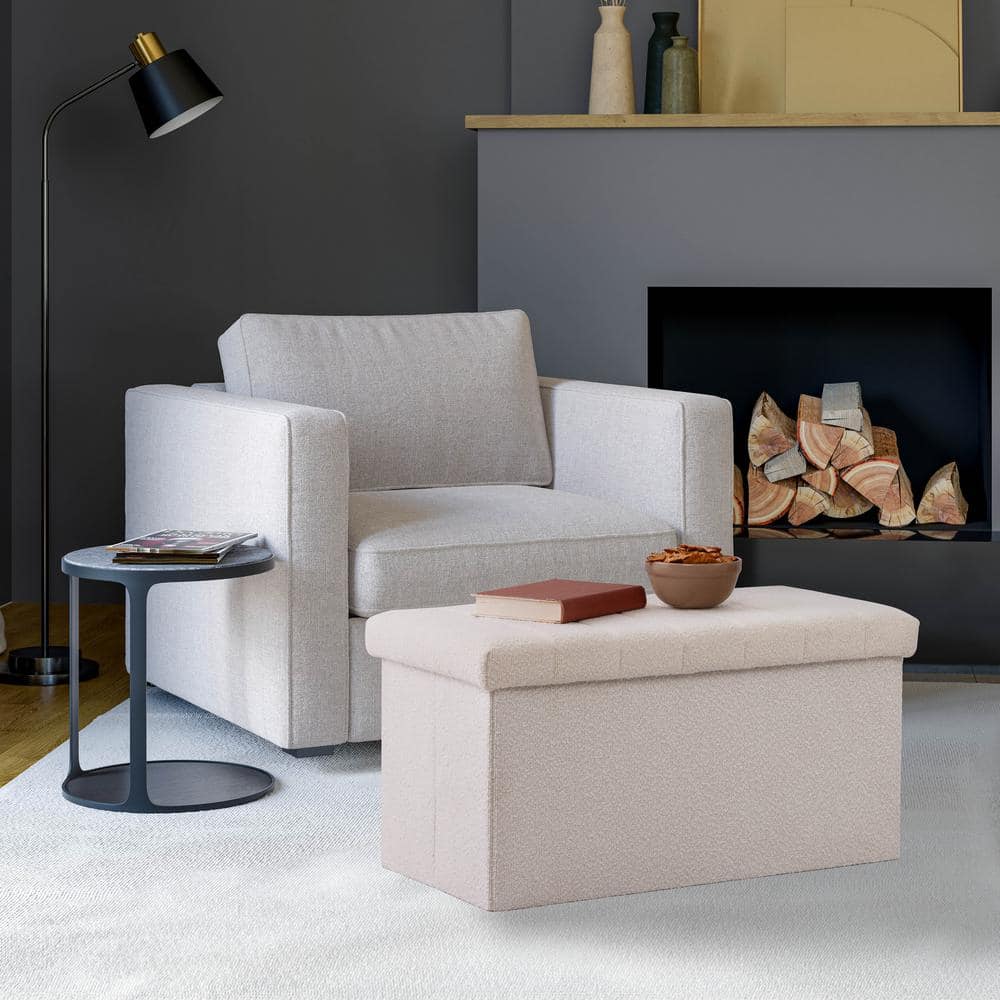 30" White Boucle Upholstered Storage Ottoman Bench