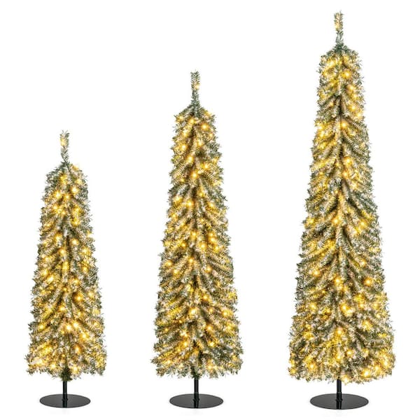 4 ft. 5 ft. 6 ft. PreLit Artificial Christmas Tree with Realistic Accumulated Snow (Set of 3)