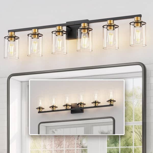 40 in. 5-Light Black and Gold Bathroom Vanity Light Fixtures Over Mirror with Clear Glass Shades for Bathroom