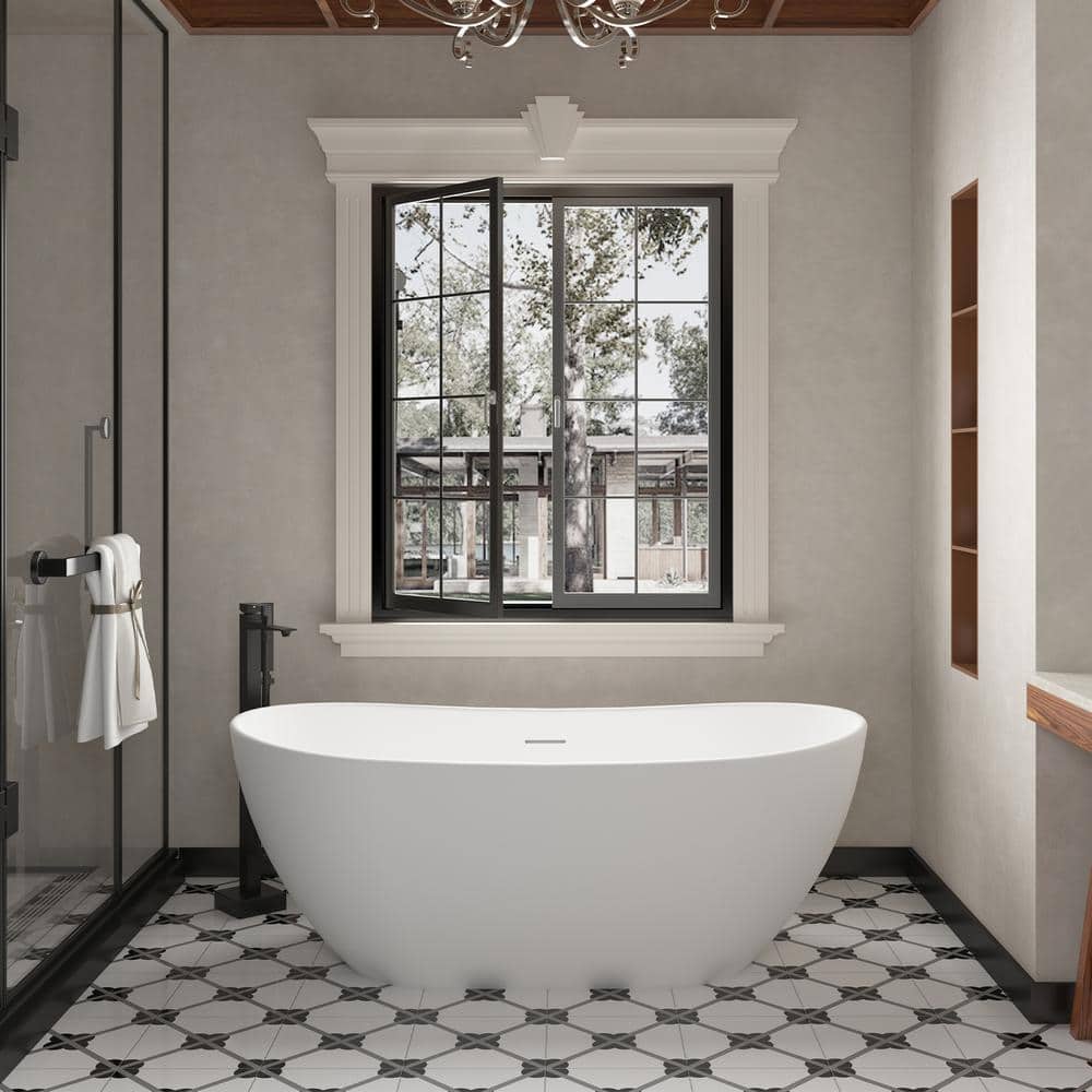 65'' White Solid Surface Freestanding Soaking Bathtub