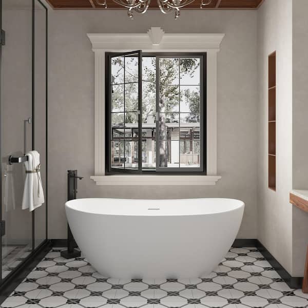 CASAINC 65 in. x 32 in. Soaking Bathtub Solid Surface Stone Bathtub with Center Drain in Matte White
