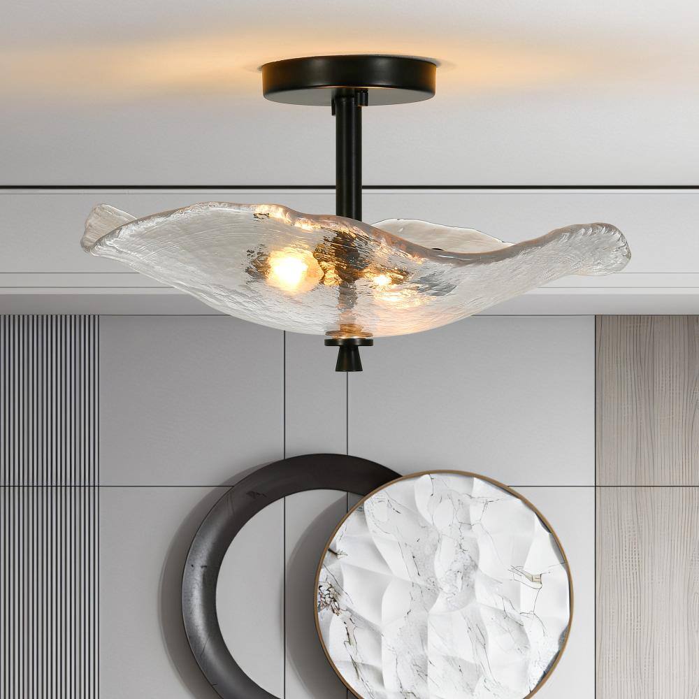 16.5 in. Flush Mount Ceiling Light with Water Ripple Glass Shade, Indoor/Outdoor E12 Base, Black, Bulb Not Included price history on PriceWatchPro