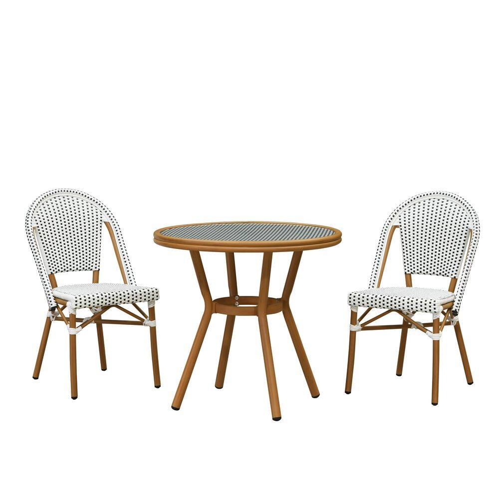 3-Piece Aluminum All-Weather Outdoor Dining Set with Rattan Round Table and Wood-Grain Frames Backrest Chair, White price history on PriceWatchPro