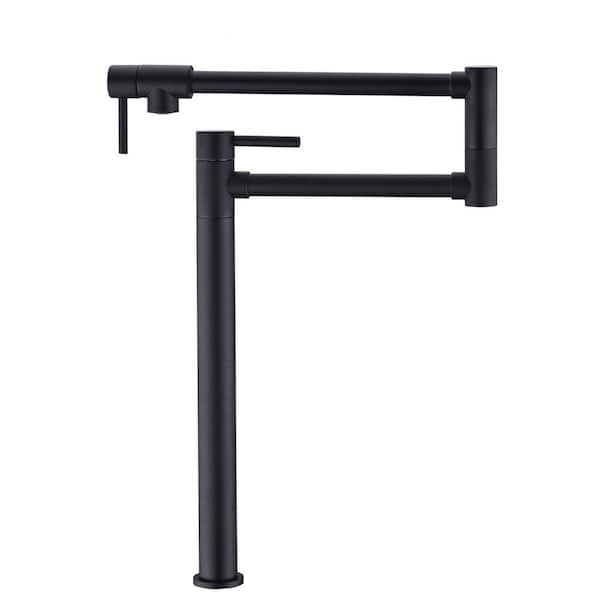 AIMADI Deck Mounted Pot Filler with Double Joint Swing Arm 1 Hole Brass Two Handle Foldable Kitchen Basin Taps in Matte Black