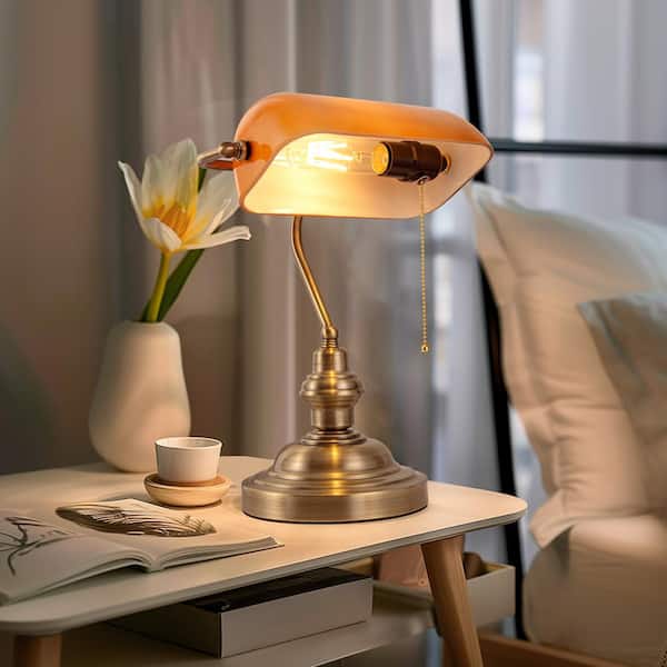 14 in. Banker Task and Reading Retro Gold Bedside Lamp with Orange Glass Shade, Classic Desk Light with Pull Chain