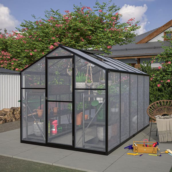 125 in. D x 74 in. W x 80 in. H Outdoors, Polycarbonate Greenhouse with Quick Setup Structure and Roof Vent Black