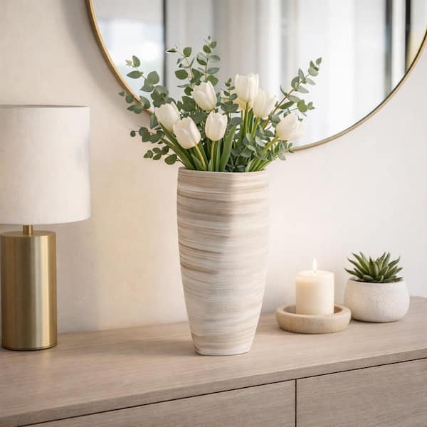 18 in. Tan/Ivory Ceramic Tapered Decorative Vase