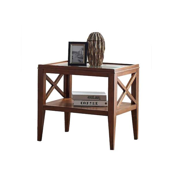 Benjara 26 in. Brown Square Glass End Table with Tapered Legs