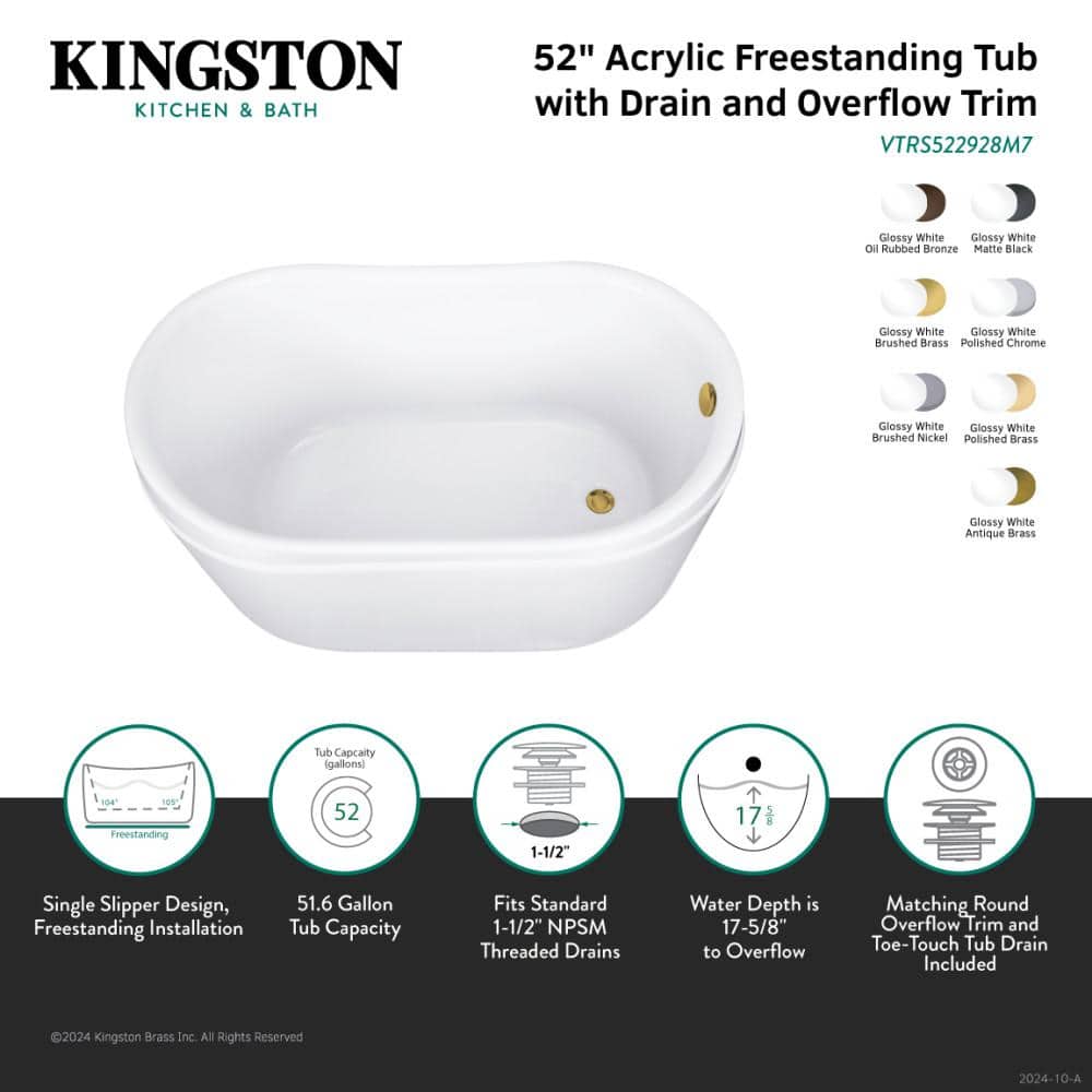52-Inch White Acrylic Freestanding Slipper Tub with Drain