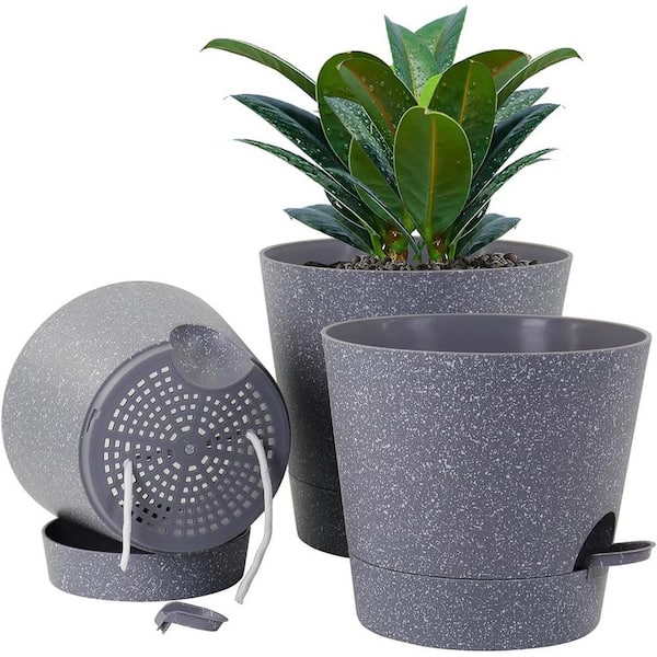 ITOPFOX Modern 10 in. L x 10 in. W x 7.6 in. H Grey Speckles Plastic Round Indoor/Outdoor Planter (3-Pack)