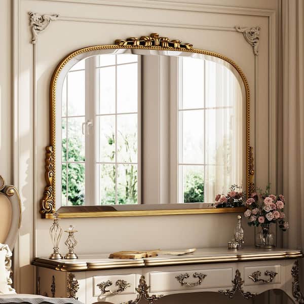 Vintage Gold 31.5 in. W x 43.5 in. H Classic Arched PU Framed Wall Mirror Bathroom Vanity Mirror