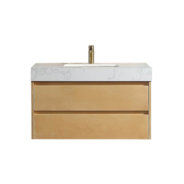 FORCLOVER 36 in. W x 20.7 in. D x 21.2 in. H Undermount Single Sink Floating Bath Vanity in Maple with White Engineer Marble Top