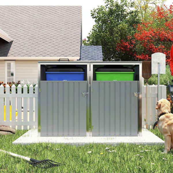 63.78 in. W x 32 in. D x 48 in. H Gray Galvanized Steel Trash Can Storage Stores 2 Trash Cans