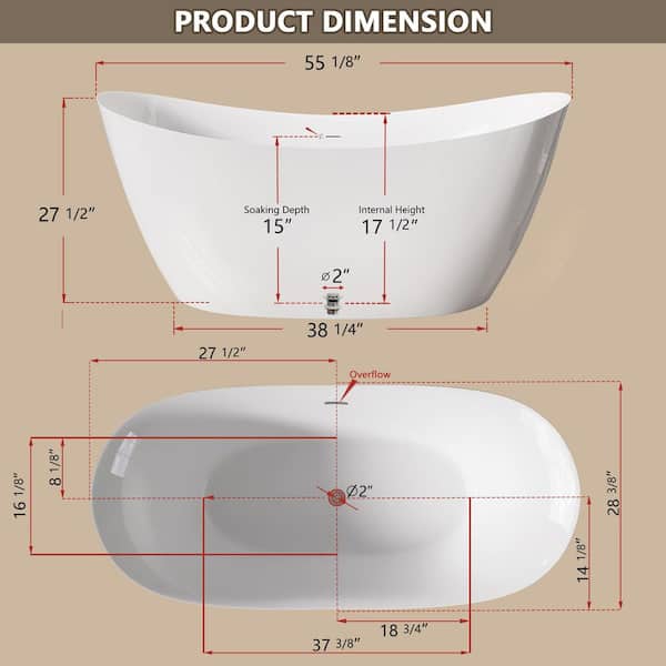55 in. x 28.5 in. Freestanding Deep Soaking Bathtub White Double Slipper Bath Tub with Center Drain in Polished Chrome