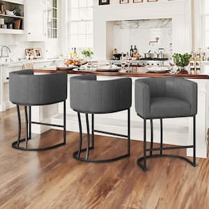 Siska 26 in.Modern Gray Faux Leather Upholstered Counter Stool with Black Metal Frame Barrel Bar Stool Set of 3