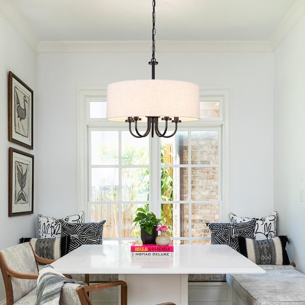 5-Light Black Candle Design Hanging Linear Chandelier Lighting with Cloth Shade for Kitchen Island