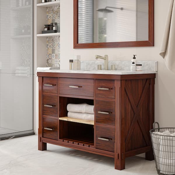 Solid Wood 48 in. W x 22 in. D x 35.4 in. H Single Sink Bath Vanity in Brown with Carrara White Natural Marble Top