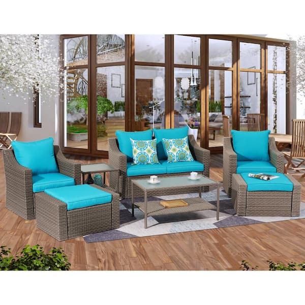 Unbranded Brown 7-Piece PE Wicker Outdoor Sectional Furniture Cushioned Sofa Set Patio Rattan Conversation Set with Blue Cushion