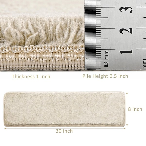 Plush Beige 8 in. x 30 in. x 1 in. Carpet Stair Tread Cover Protector Peel Stick Tape Free Reusable Indoor Mat Set of 12