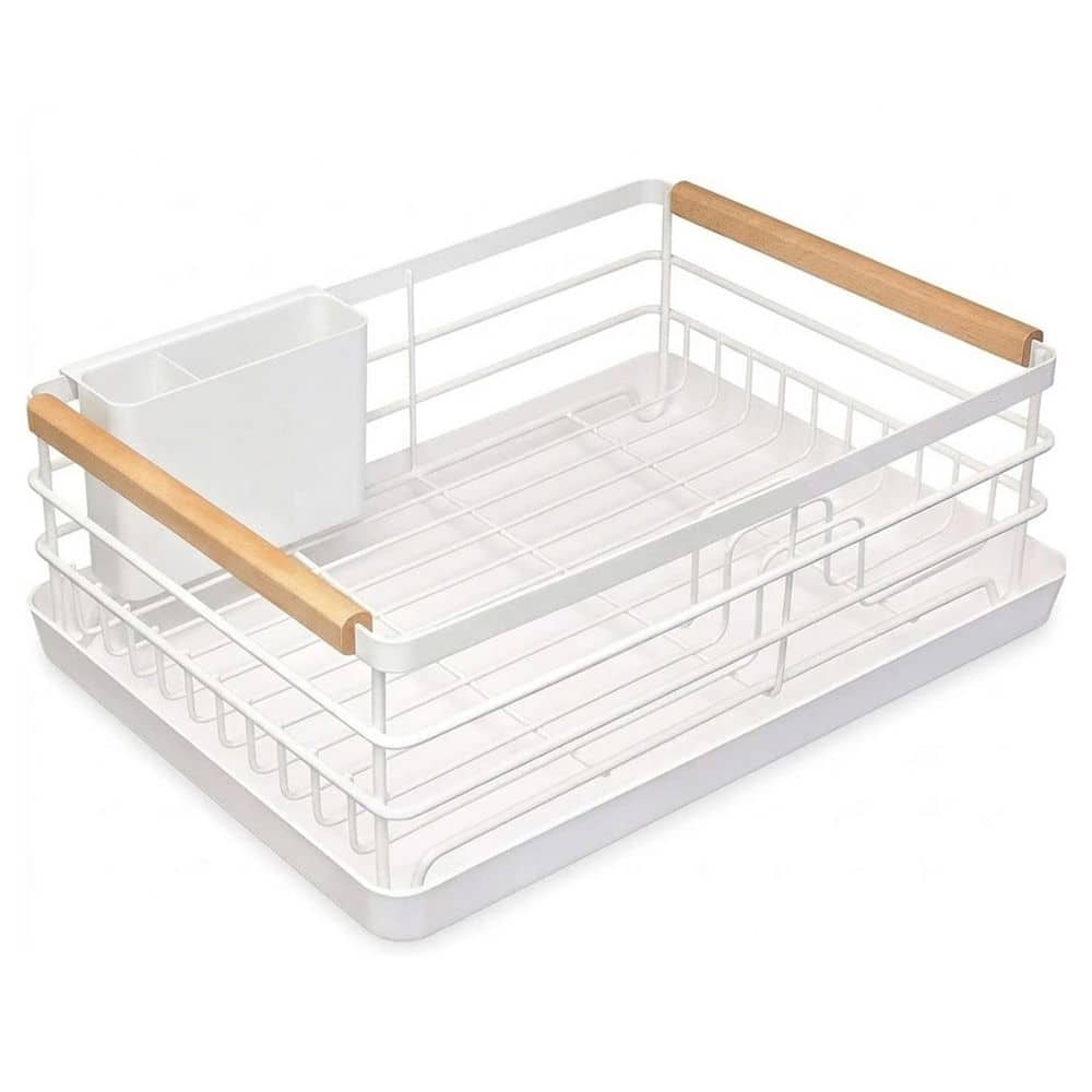 White Stainless Steel Dish Rack with Wooden Handle and Removable Drain ...
