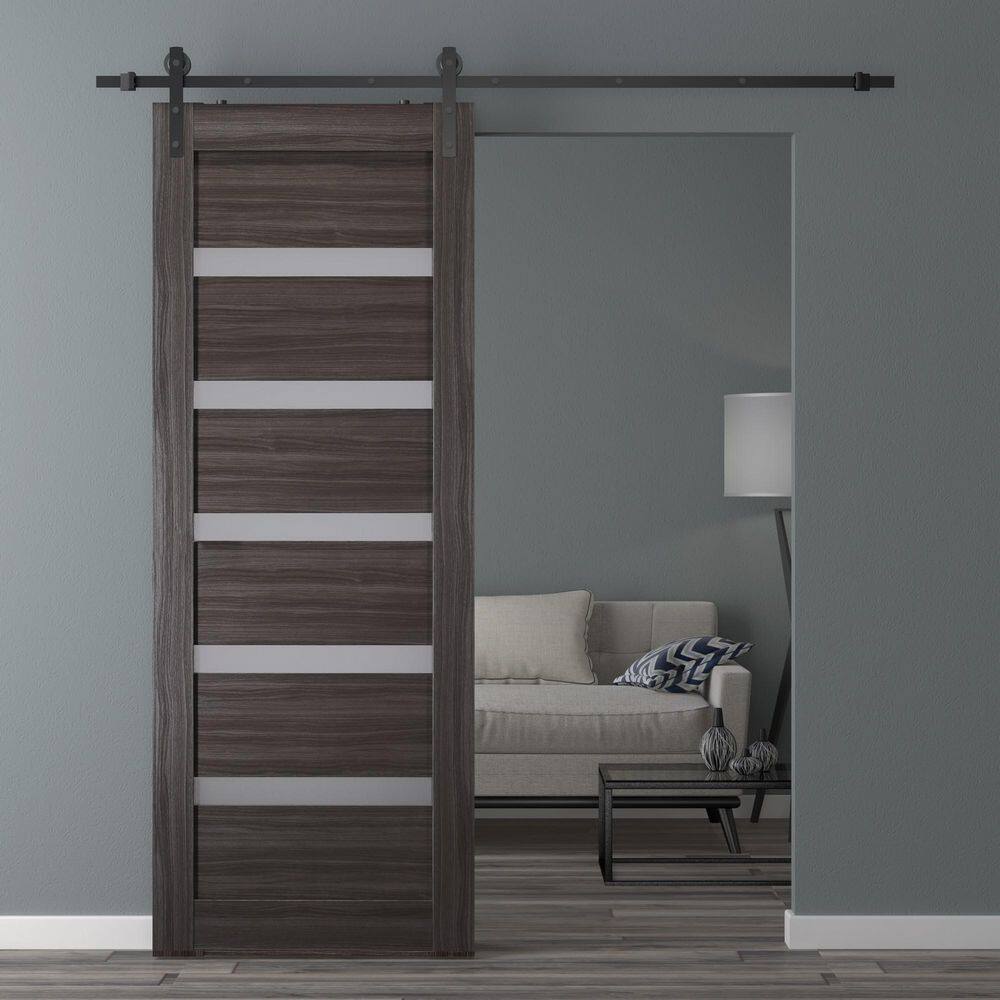 Gray Oak and Frosted Glass Sliding Barn Door Kit with Black Hardware