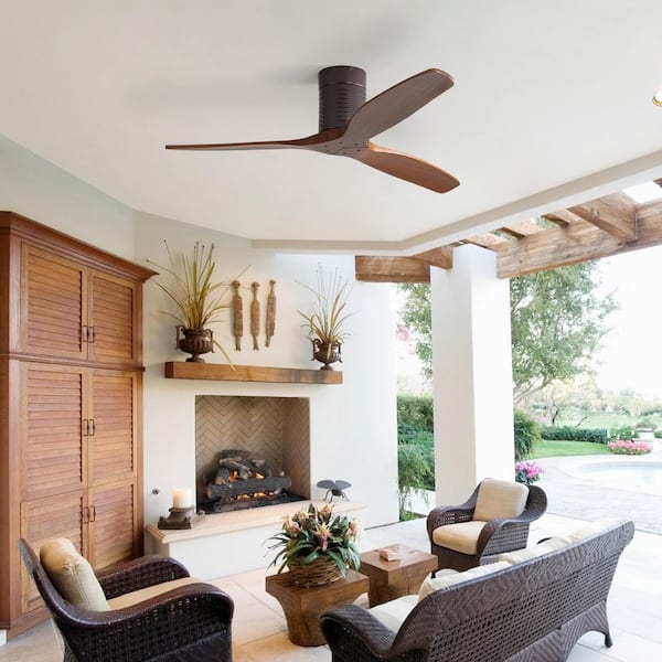 52 in. Indoor/Outdoor 6-Speed DC Motor Flush Mount Ceiling Fan in Brown with Remote