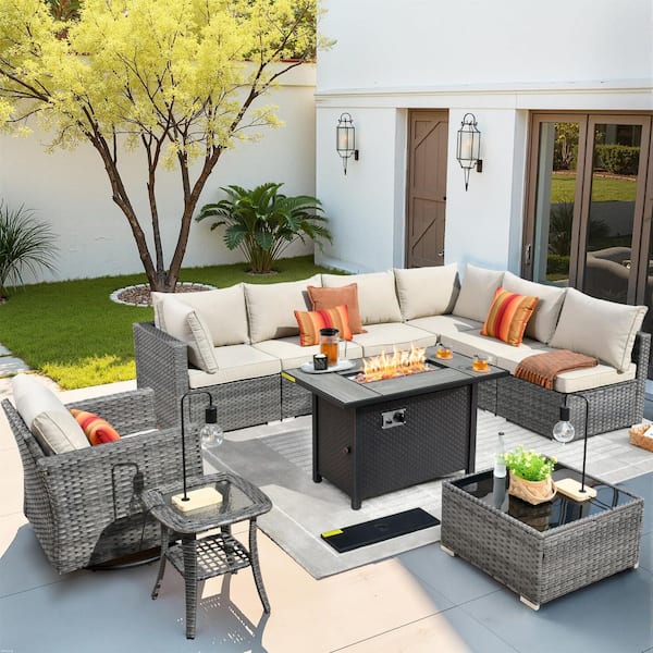 HOOOWOOO Messi Gray 10-Piece Wicker Outdoor Patio Conversation Sectional Sofa Set with a Metal Fire Pit and Beige Cushions