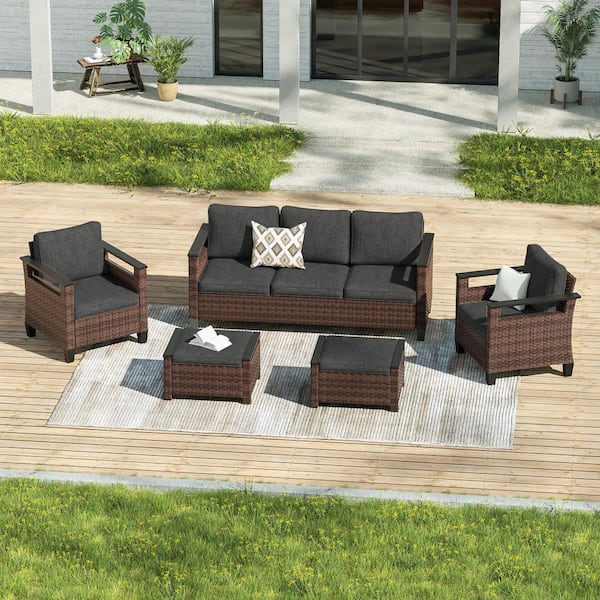 JOYESERY 5-Pieces Patio Conversation Set with Ottomans Wide Armrests Sofa Brown PE Wicker with Black Cushions
