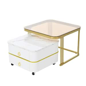 23.6 in. White and Glod 2-in-1 Square Nesting Tempered Glass MDF Table Top Coffee Tables with Drawers and Wheels