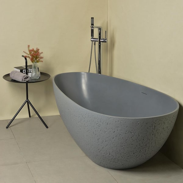 Moray 65 in. x 33 in. Stone Resin Flatbottom Solid Surface Freestanding Soaking Bathtub in Grey with Brass Drain