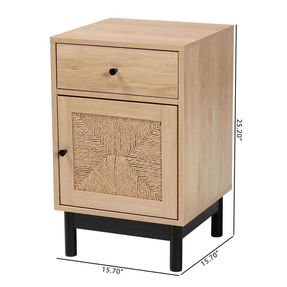 Light Brown Wood Accent Table with Woven Storage
