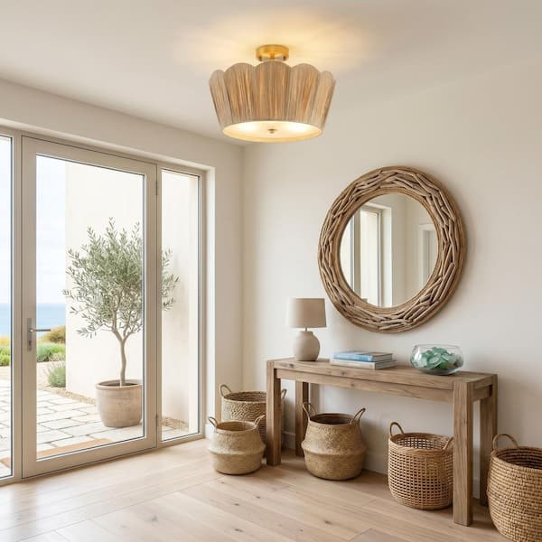 HILUXIA 16" Woven Rattan & Linen Semi Flush Mount Ceiling Light – Modern Boho Drum Chandelier For Bedroom, Kitchen, Dining Room (Gold Finish)
