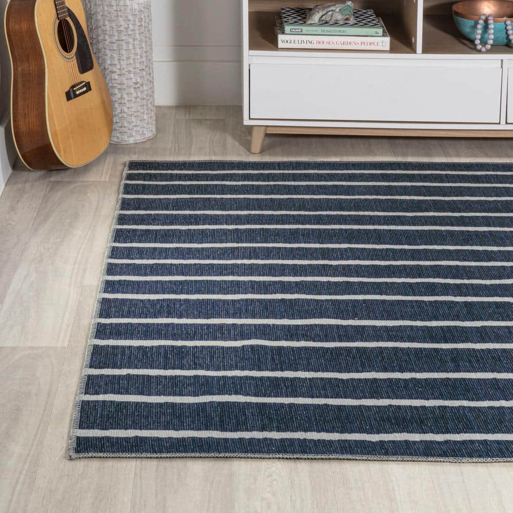 Ivory and Navy Striped 8' x 10' Machine-Washable Rug