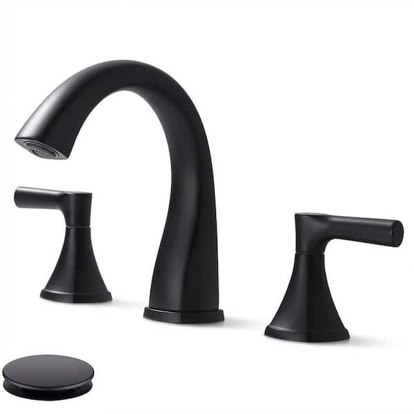 8 in. Widespread Double Handle Bathroom Sink Faucet 3 Hole with Stainless Steel Pop Up Drain and Hose in Matte Black