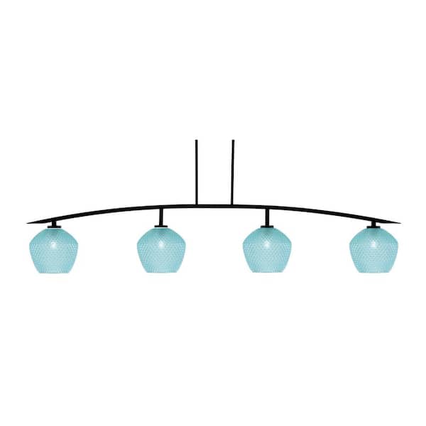 Unbranded Siena 4-Light Matte Black Billiard Light with 9 in. Turquoise Textured Glass Shades, no bulbs included