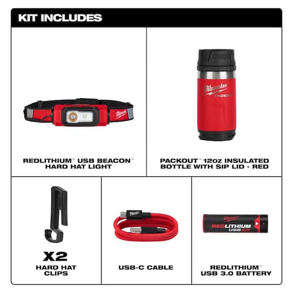 600 Lumens LED REDLITHIUM USB 360° Visibility Hard Hat Headlamp with PACKOUT Red 12 oz. Insulated Bottle with Sip Lid