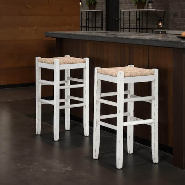 Anya White and Brown Wood Frame Bar Height Stool (Set of 2)